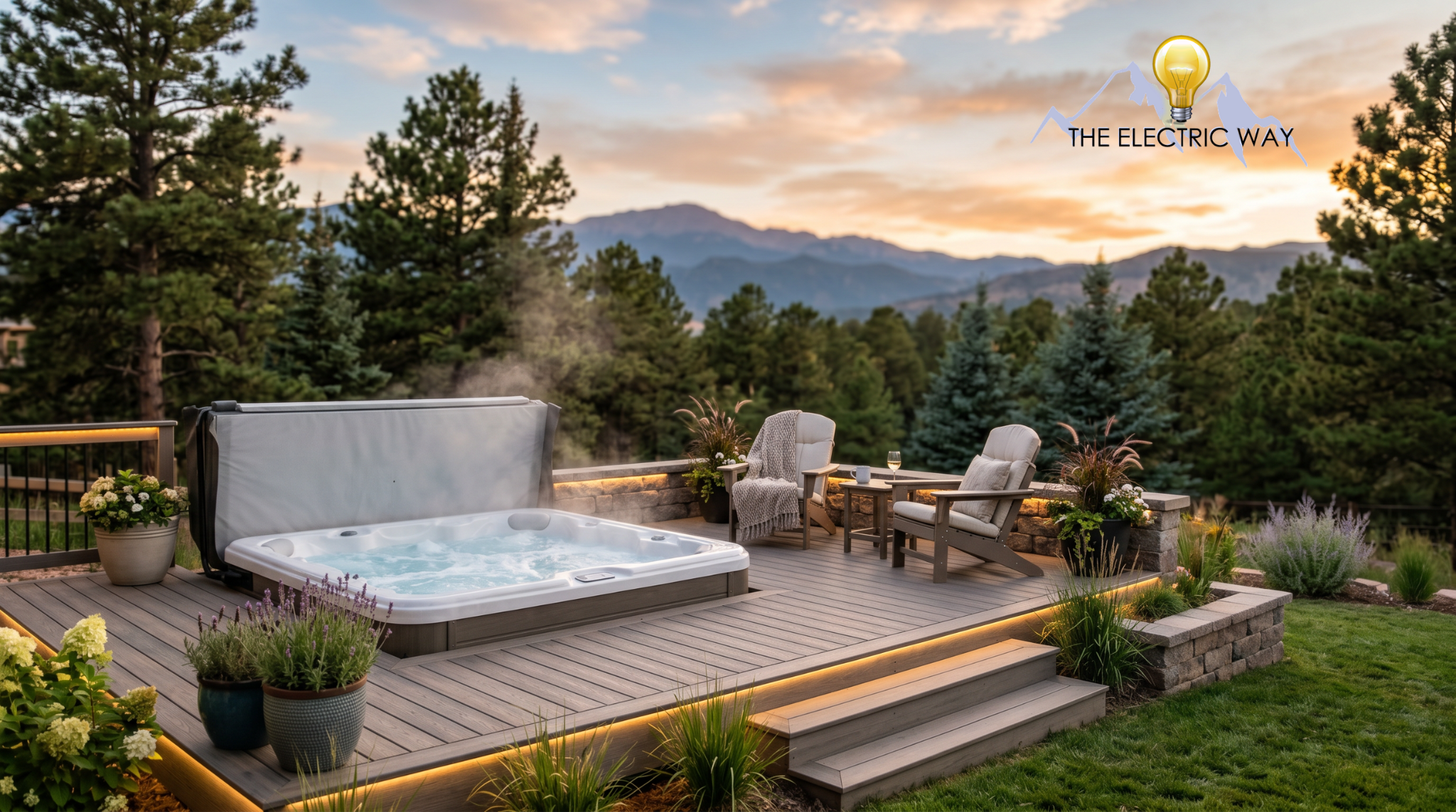 Outdoor hot tub with steam rising on a wooden deck, overlooking pine trees and mountains at sunset