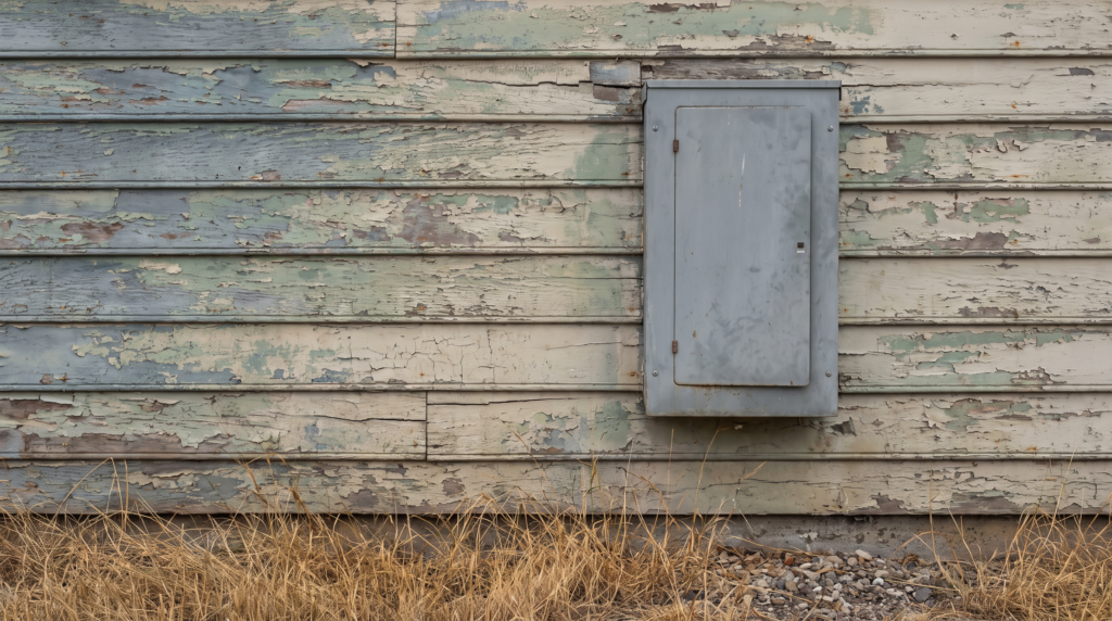 Weathered gray electrical panel mounted on the peeling siding of an older Colorado Springs home